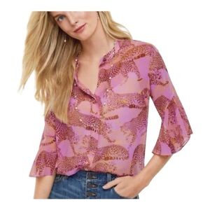 Cabi Womens Button Up Blouse Pink Gold Leopard Print 3/4 Sleeve Flutter Flowy S